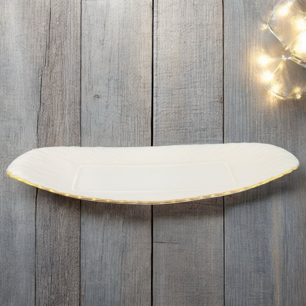 Vintage‎ Lenox USA Porcelain Elongated Dish Plate Tray Ivory With Gold Edges VTG